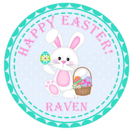 Girls easter bunny holding egg basket personalized sticker