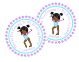 Girls gymnastics party sticker in purple and teal