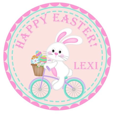 Girls happy easter bunny riding bike personalized sticker