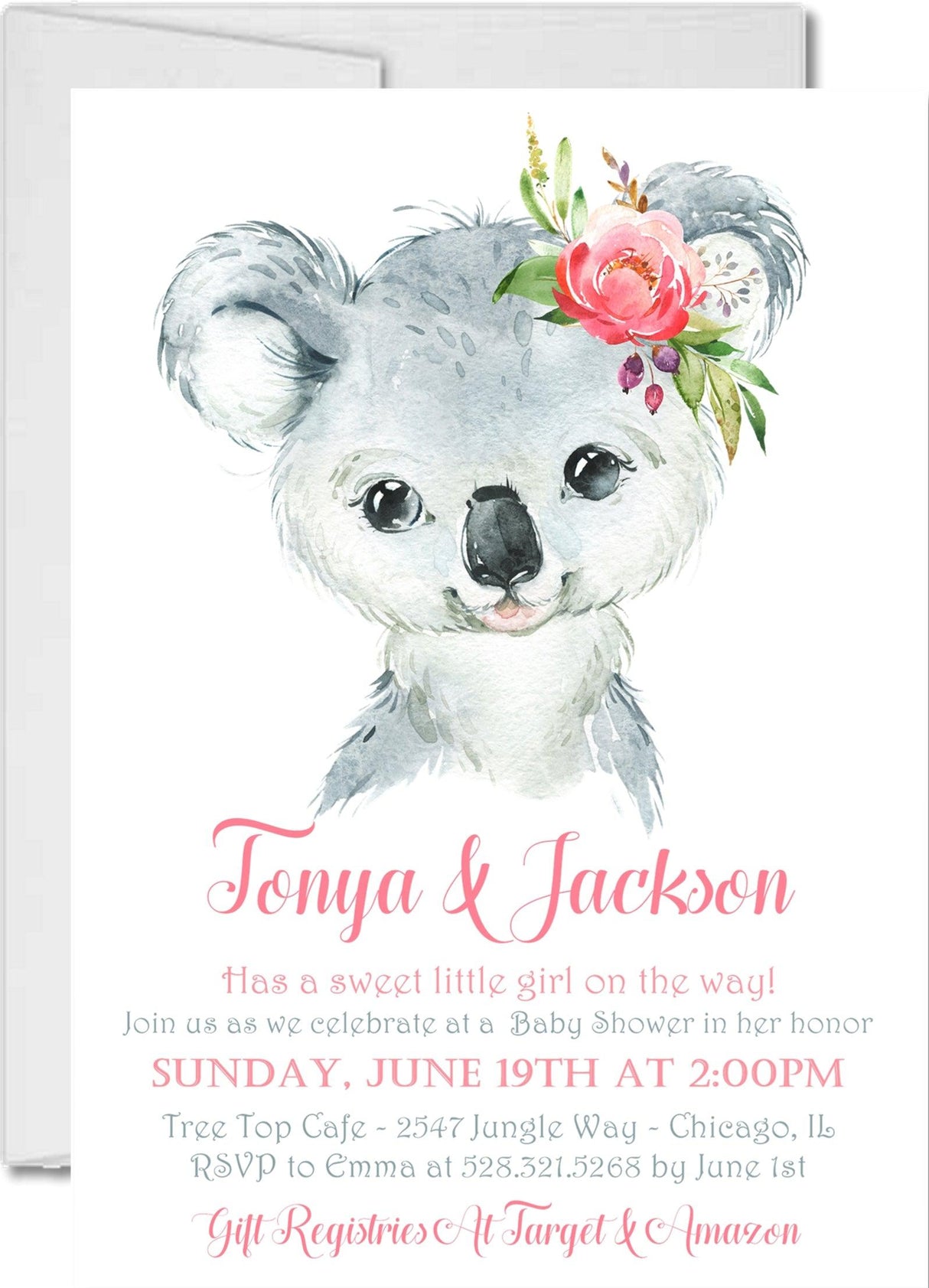 Girls koala baby shower invitations
