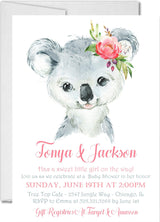Girls koala baby shower invitations