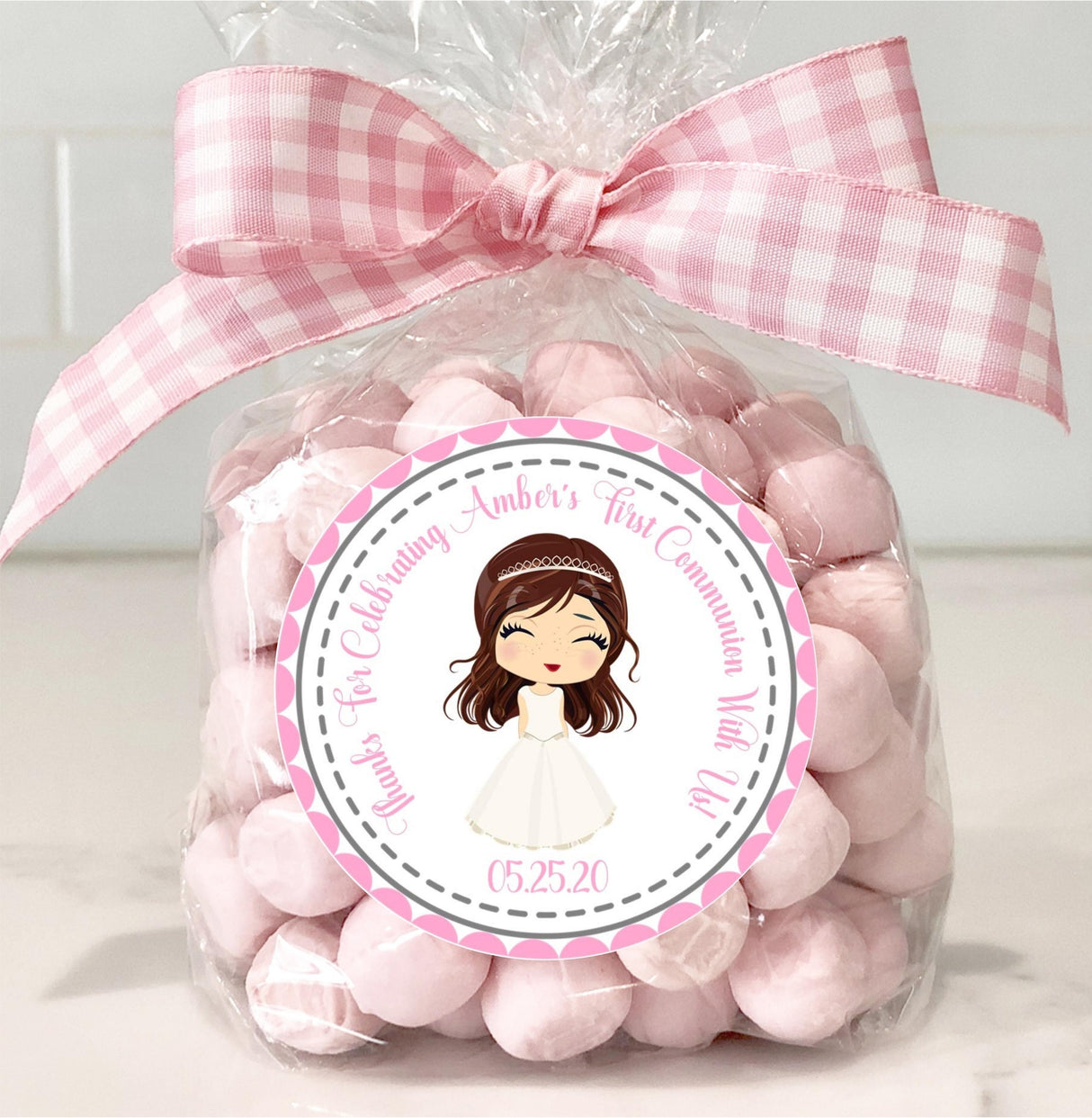 Girls pink First Holy Communion party favor sticker