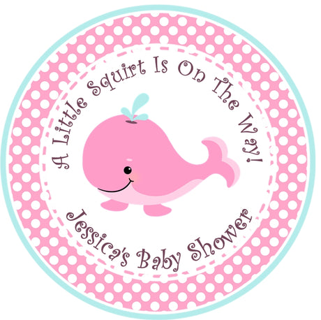 Girls pink aqua whale baby shower sticker