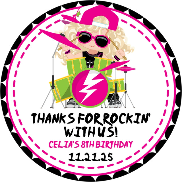 Girls pink black drummer rock roll birthday sticker