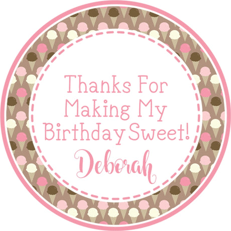 Girls pink brown ice cream party stickers