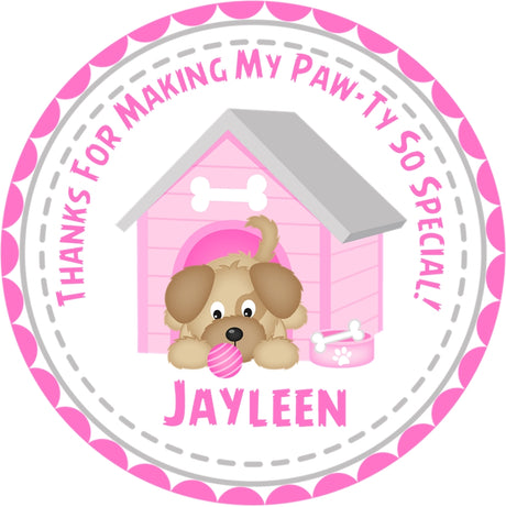 Girls pink dog themed birthday sticker with puppy and doghouse design