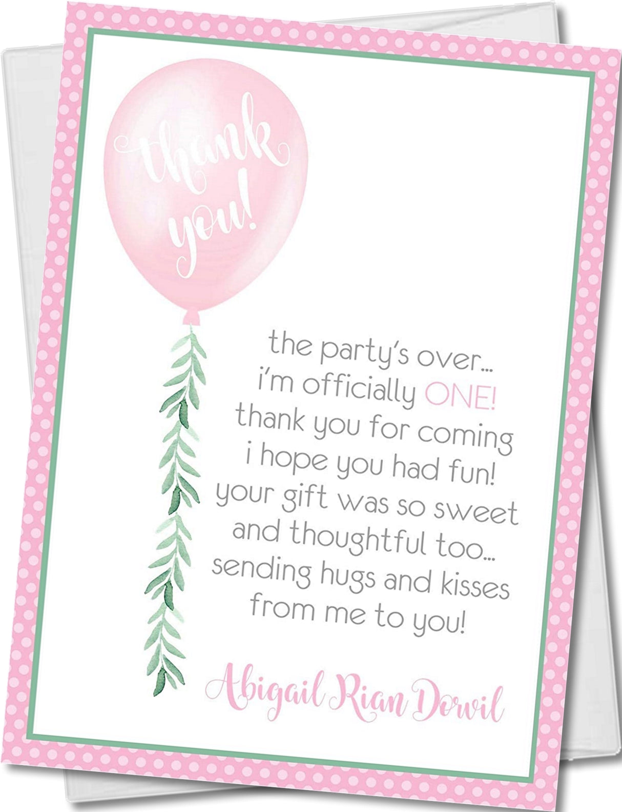 Girls pink first birthday thank you cards watercolor balloon design