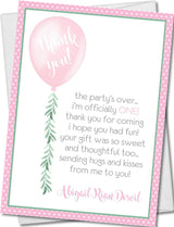 Girls pink first birthday thank you cards watercolor balloon design