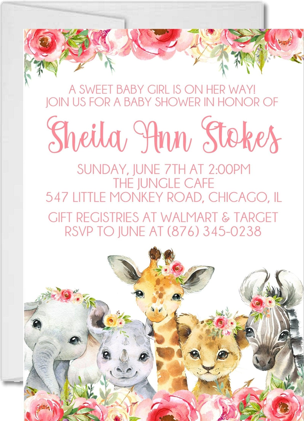 Girls pink floral safari animal baby shower invitations