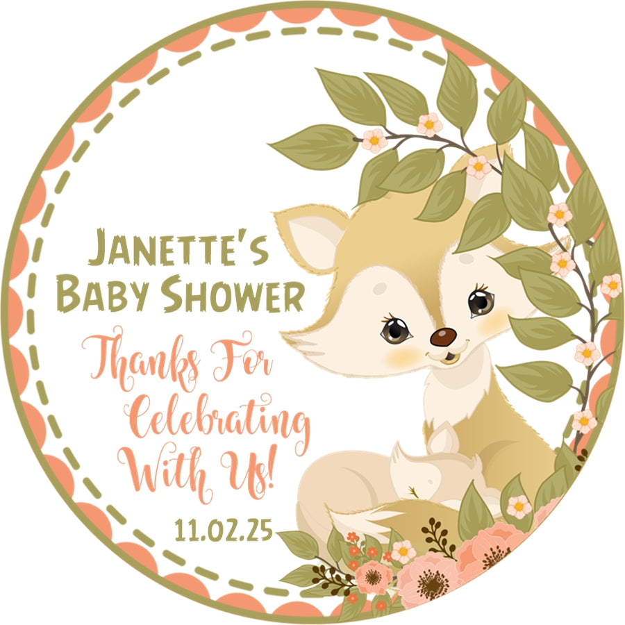 Girls pink fox baby shower favor labels