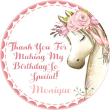 Girls pink horse birthday sticker floral horse design