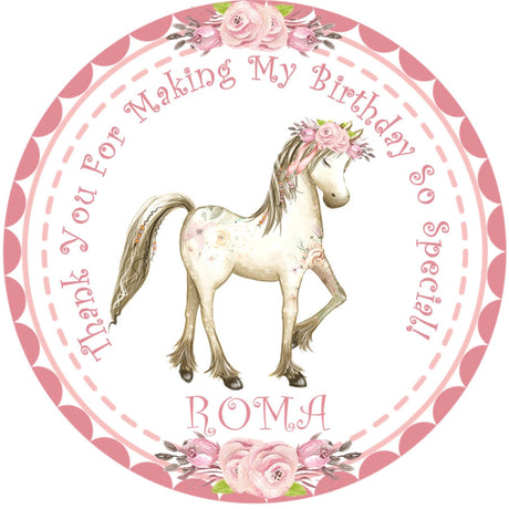 Girls pink horse thank you sticker birthday