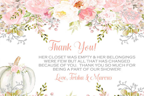 Girls pink little pumpkin baby shower thank you cards watercolor fall design