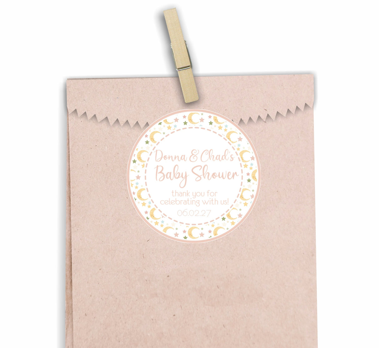 Girls pink moon stars baby shower sticker