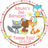 Girls pink pastel woodland animals birthday sticker floral forest design