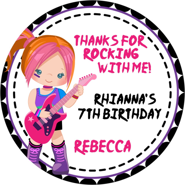 Girls pink purple rock roll guitar birthday sticker labels