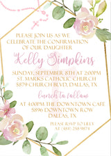 Girls pink rose confirmation invitation