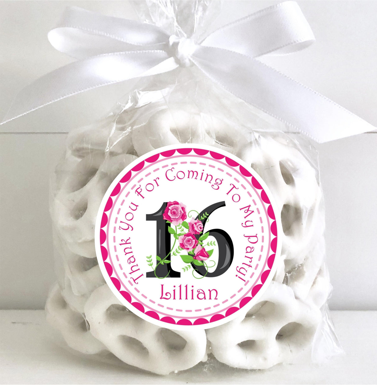 Girls pink rose party favor label