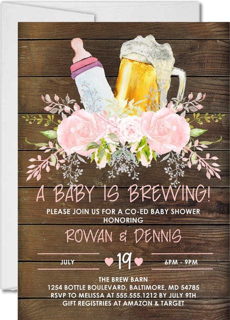 Girls pink rustic beer baby shower invite