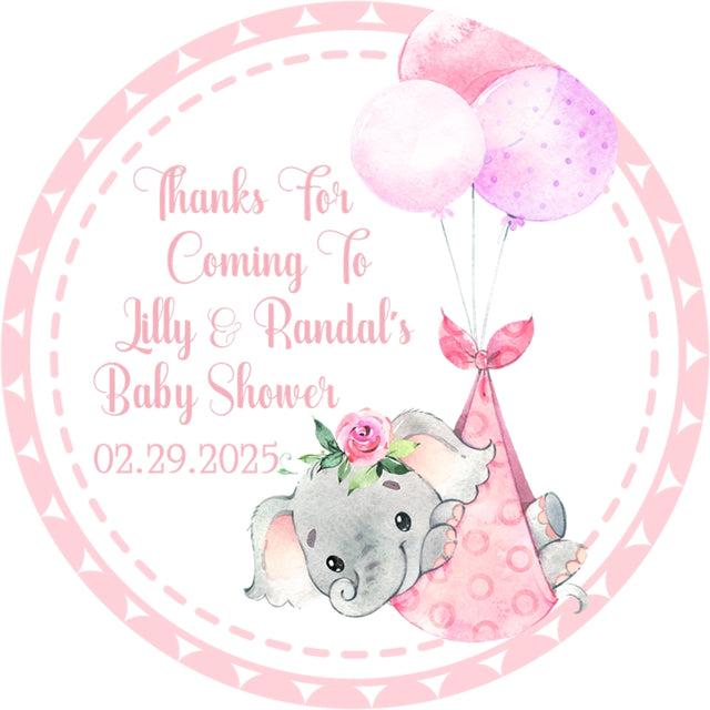 Girls pink safari elephant baby shower favor label sticker with balloons