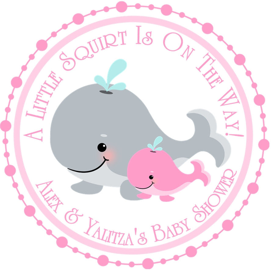 Girls pink whale baby shower labels with mommy and baby design