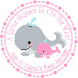 Girls pink whale baby shower labels with mommy and baby design