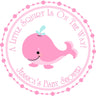 Girls pink whale baby shower sticker label favors