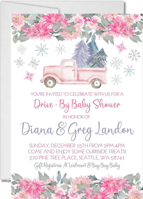 Girls pink winter drive by baby shower invitation