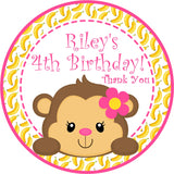 Girls pink yellow banana monkey birthday sticker jungle monkey design