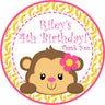 Girls pink yellow banana monkey birthday sticker jungle monkey design