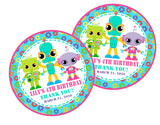 Girls robot birthday sticker with colorful gear border and custom name