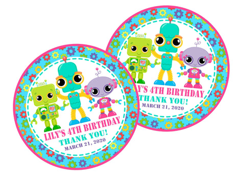 Girls robot birthday sticker with colorful gear border and custom name