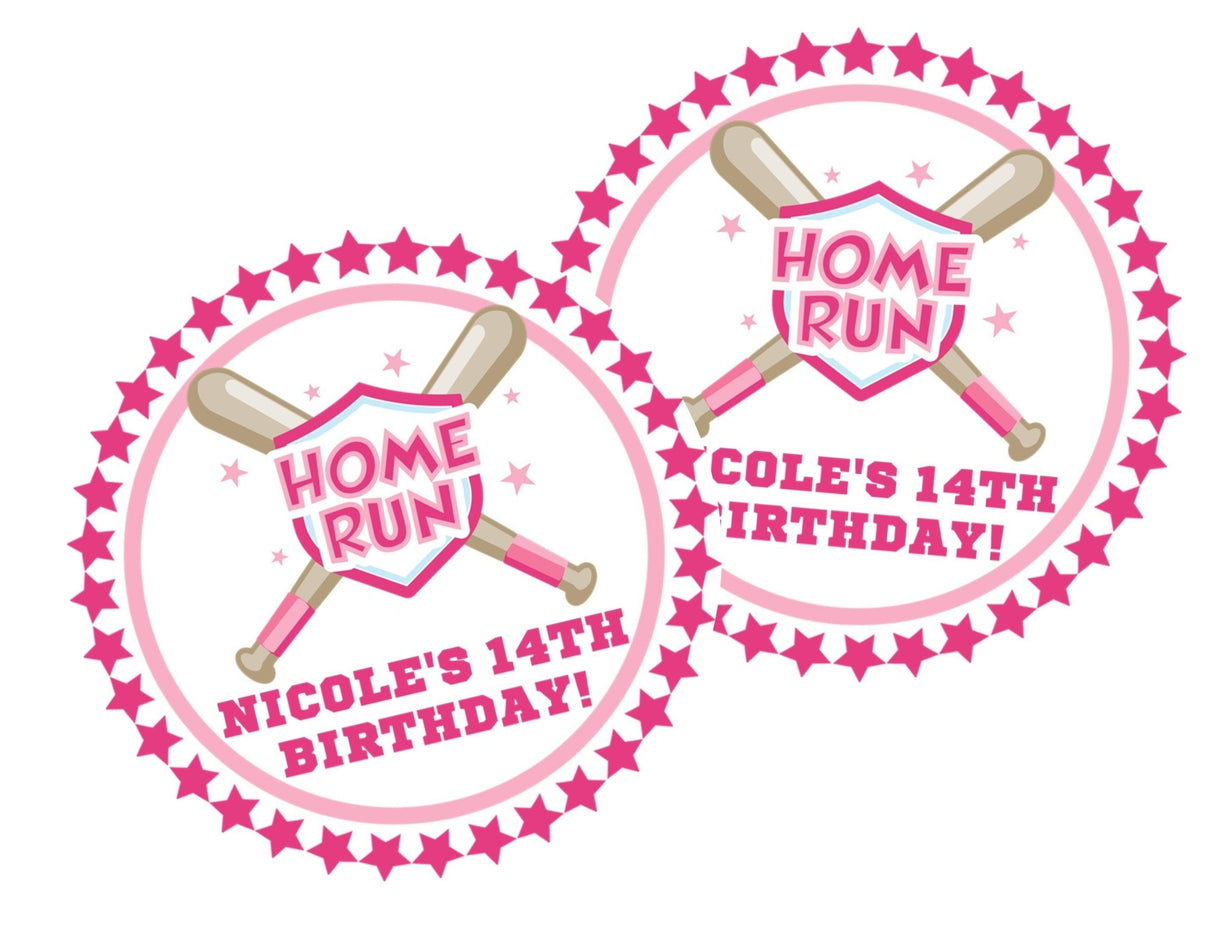 Girls softball party favor label with pink sports design