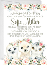 Girls winter animal baby shower invitations snowy rustic theme