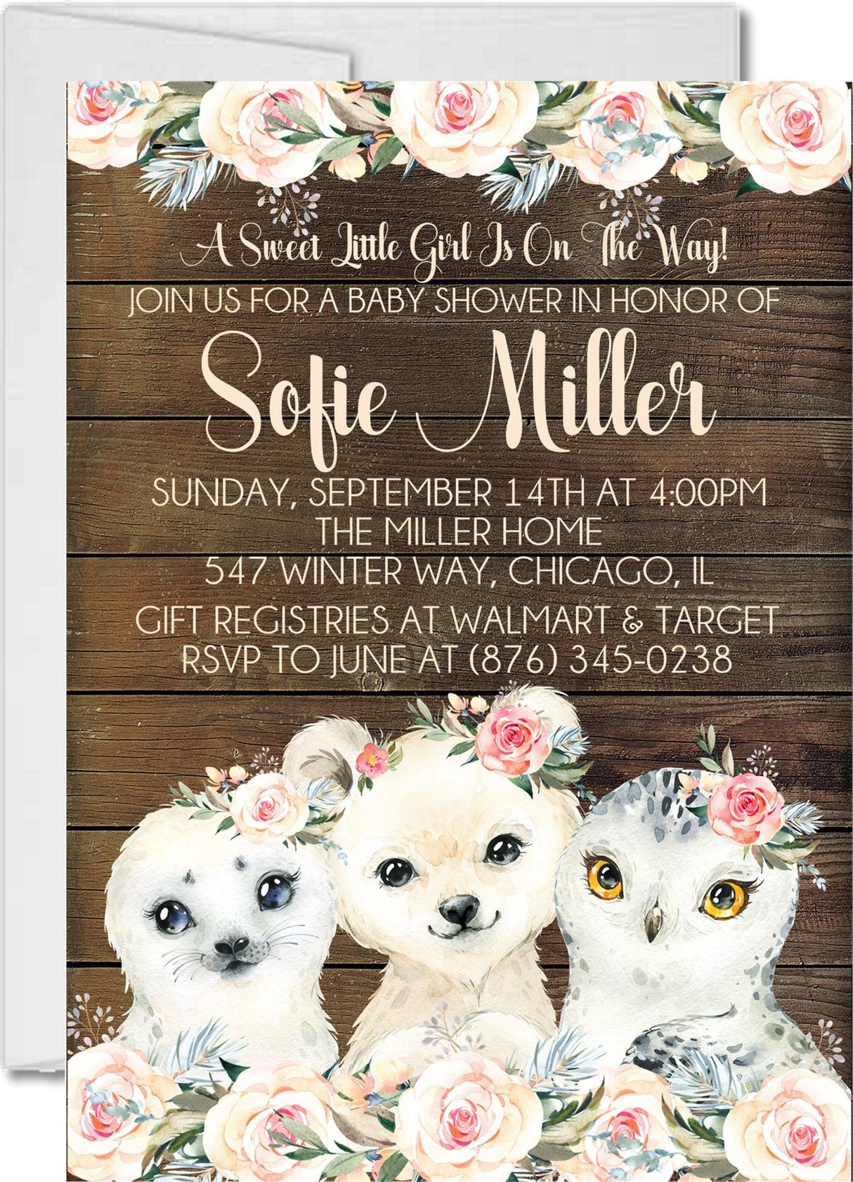 Girls winter arctic animal baby shower invitations