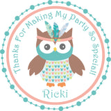 Girls woodland owl birthday party stickers