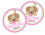 Girly puppy party favor label in pink