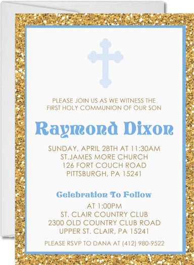 Gold And Blue First Communion Invitations
