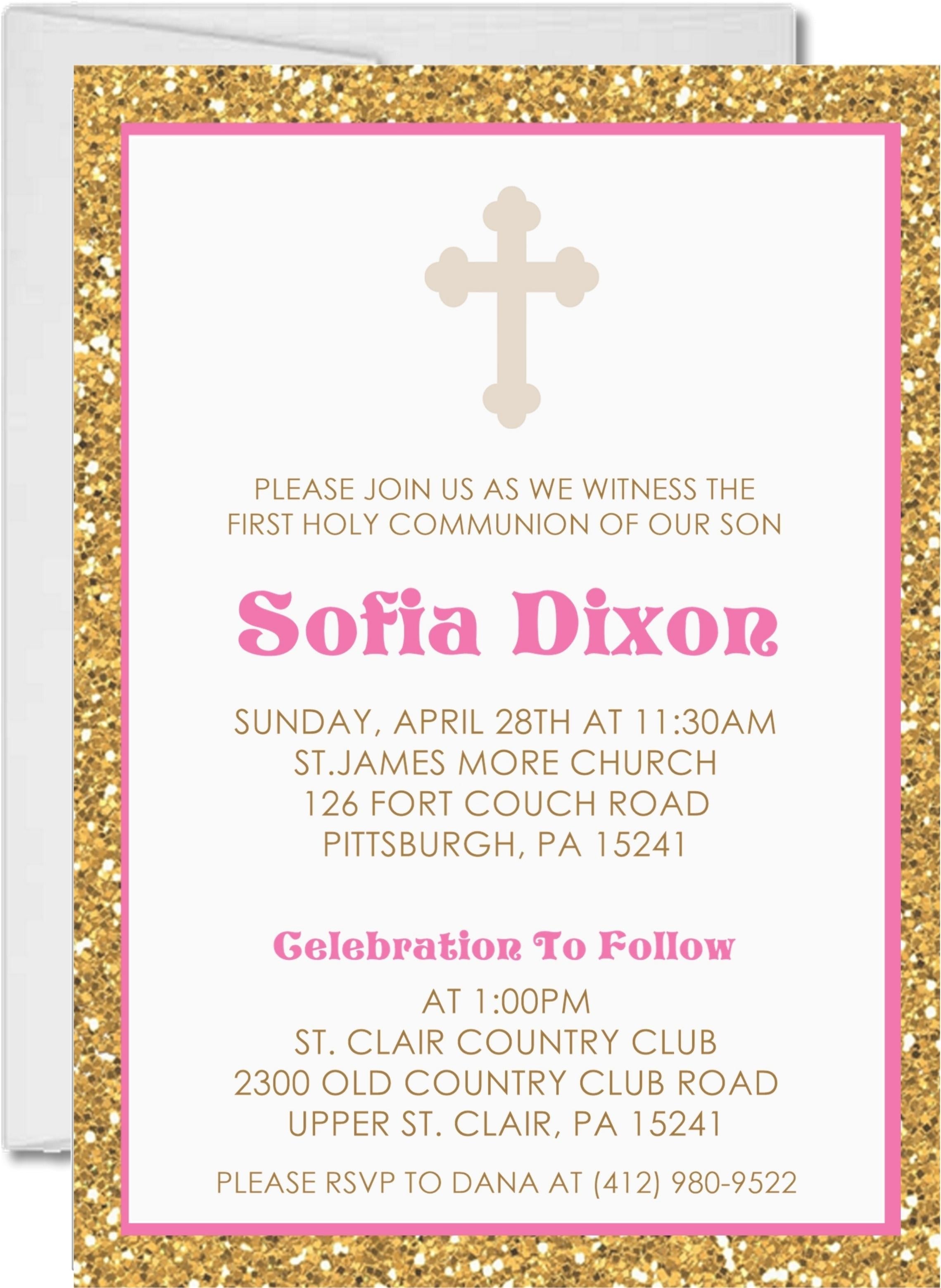 Gold And Bright Pink First Communion Invitations