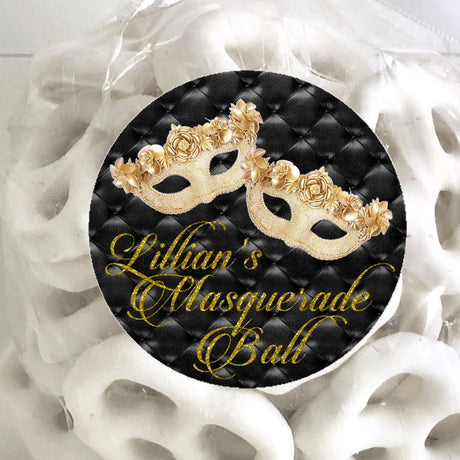 Gold and black masquerade birthday sticker with floral gold masks