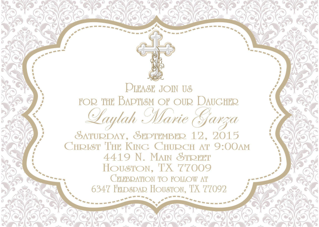 Gold classic baptism invitation with ornate frame and cross design