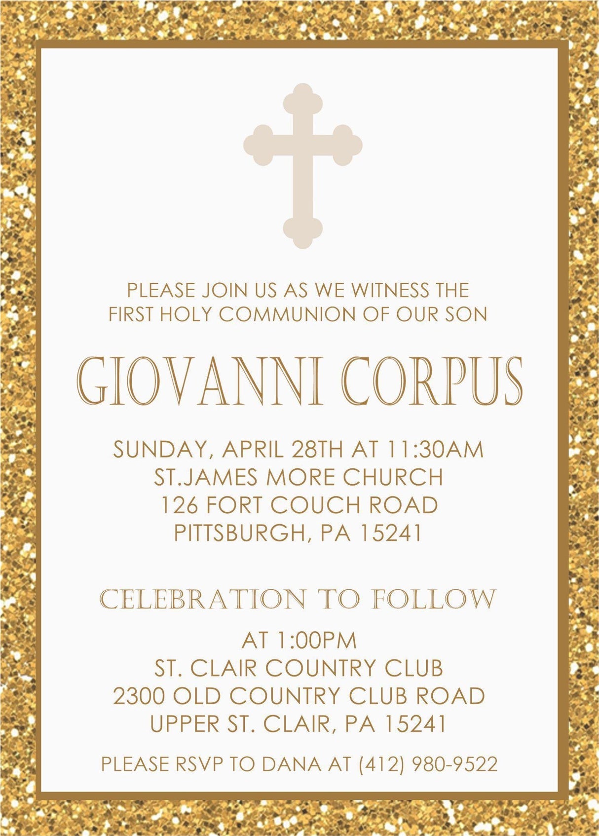 Gold cross First Holy Communion invitation with elegant border