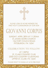 Gold cross First Holy Communion invitation with elegant border