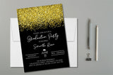 Gold glitter graduation party invitation with black confetti background