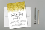 Gold glitter graduation party invitation with white confetti background
