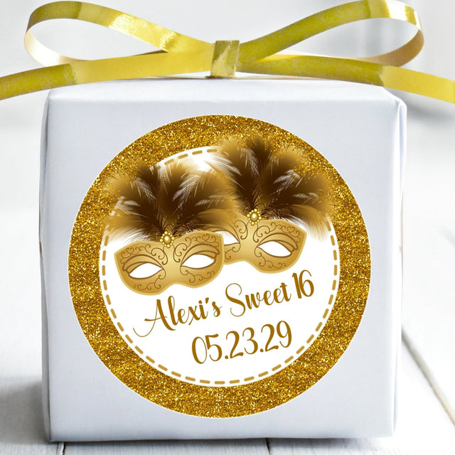 Gold masquerade Sweet 16 sticker with printed glitter border