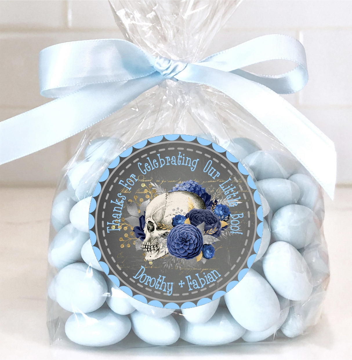 Gothic floral skull favor label for Halloween