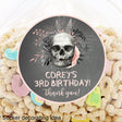 Gothic skull themed birthday sticker design