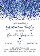 Graduation party invitation with blue confetti and event details.