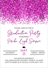 Graduation party invitation with bright pink border and event details.